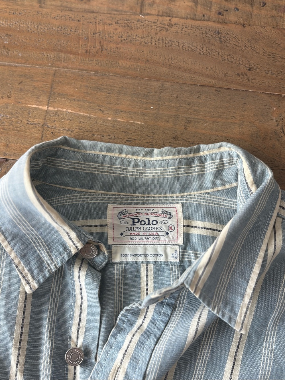 Vintage Polo Ralph Lauren XL Blue Stripe Button Up Made in USA Dungarees